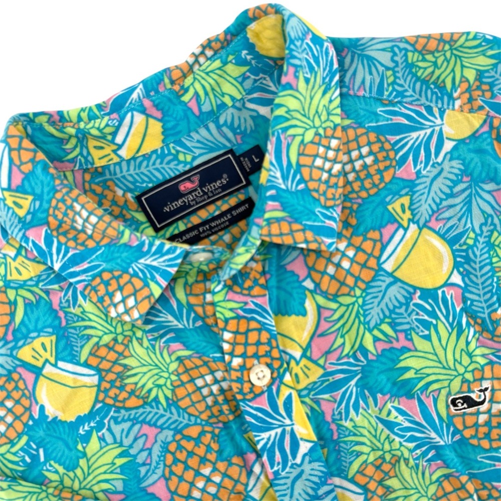 Vineyard Vines Mens Classic Fit Whale Shirt Blue Pineapple Tropical Viscose L